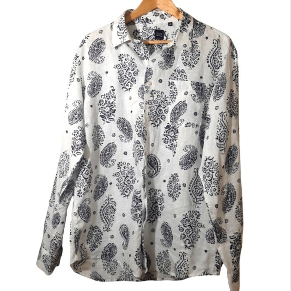 SAKS FIFTH AVENUE  BLUE 100% LINEN slim fit button front shirt Size L Paisley - Picture 5 of 16